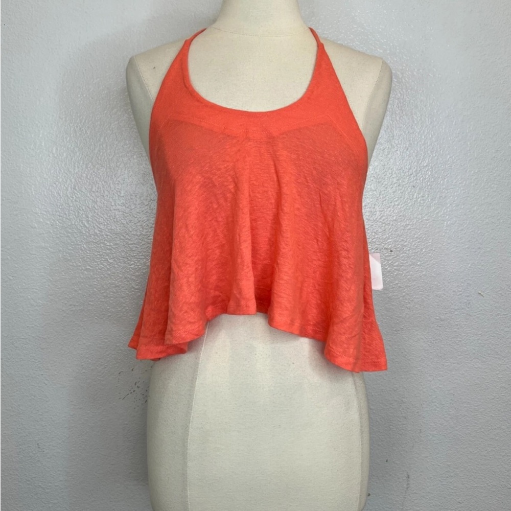 Free People Coral Orange Long Weekend Linen Blend Keyhole Halter Top Sz M